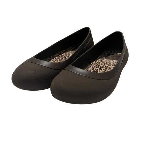 Crocs Mammoth Ballet Flats Size 9W Brown Leopard Print Flare Comfort Casual - Picture 1 of 7